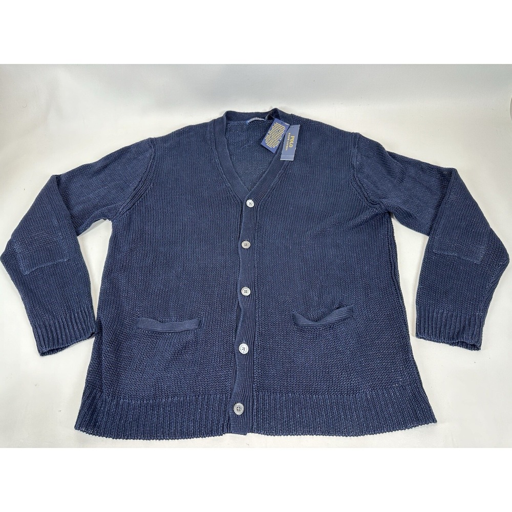 Polo Ralph Lauren Indigo Linen Cardigan‎ Sweater Men's XXL Elbow Patch Pockets